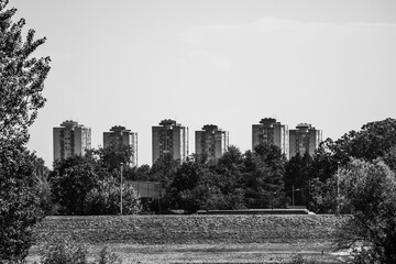 Zagreb, Croatia - August 15, 2024: Soviet-era buildings in Zagreb