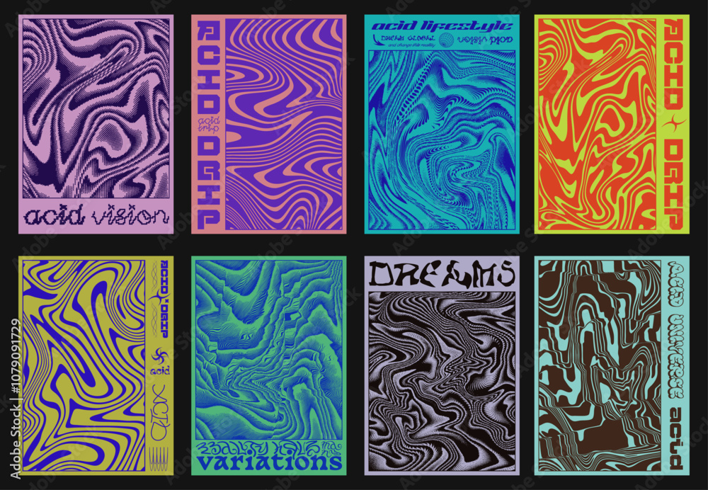 Poster set of acid design posters. abstract geometric wavy textures. collection of liquid patterns.