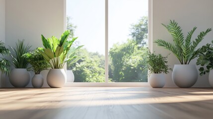 Fototapeta premium Concept of a minimalistic Scandinavian interior featuring potted plants on a wooden floor large wall space and a bright landscape view through a window 3D visualization