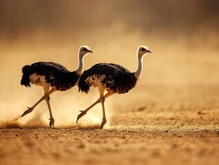 Ostriches Sprinting Across Arid Savanna Landscape Kicking Up Dust