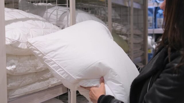 Close-up of young woman selecting a pillow in a home goods store, feeling the fabric texture and testing softness for comfort, detailed shopping experience focused on quality and coziness.