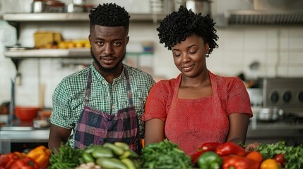 Food Waste, Sustainable Food Systems. A cheerful couple stands in a kitchen filled with fresh vegetables, showcasing their love for cooking and healthy eating.