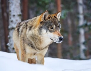 gray wolf hunting in snow