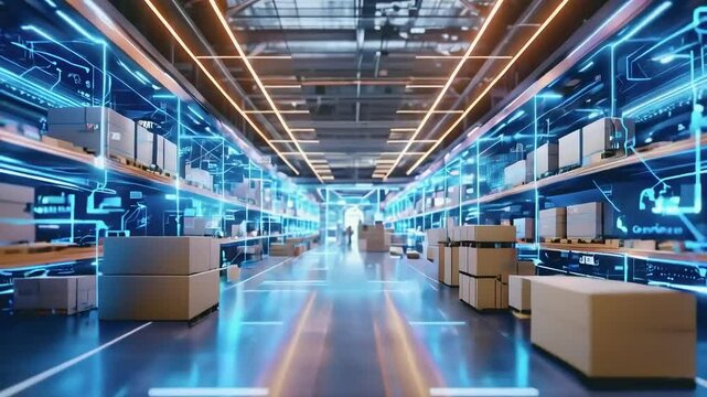 Empty futuristic warehouse with glowing blue lines on the walls.