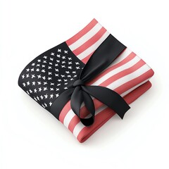 Fototapeta premium A stylish American flag-themed gift wrap, elegantly tied with a black ribbon, perfect for patriotic celebrations or events. on a white background