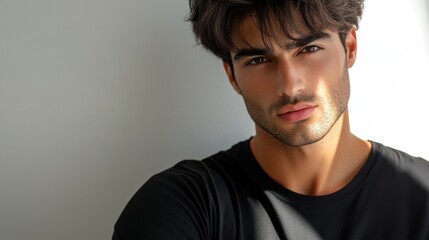 Fototapeta premium Young Man with Stylish Hair and Natural Light on Face Posing in a Minimalist Atmosphere for Portrait Photography