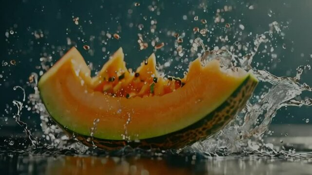 Fresh melon wedges splashing into water, creating a burst of droplets.