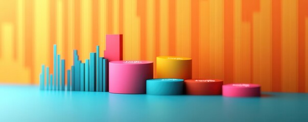 Obraz premium A vibrant, abstract representation of data visualization featuring colorful bars and cylindrical shapes against a bright background.