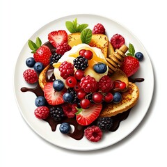Obraz premium A delicious plate of pancakes topped with fresh berries, honey, and whipped cream, perfect for breakfast or dessert. on a white background