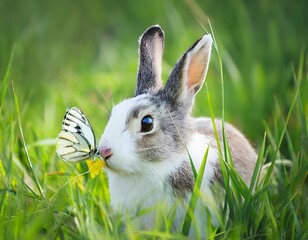 bunny in the grass with a butterfly on it's nose