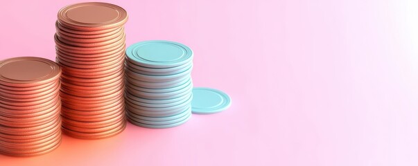 A colorful arrangement of stacked coins with varying heights against a soft pink background, symbolizing finance and investment.