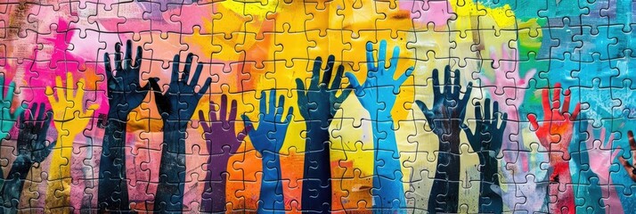 horizontal banner, Autistic Pride Day, World Autism Awareness, hands up, silhouettes of hands on the background of a multi-colored puzzle wall, rainbow background of puzzle parts
