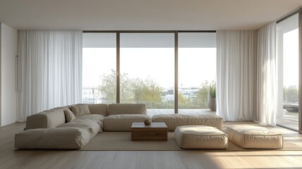 Minimalist living room interior featuring a sofa on a wooden floor decorative elements on a large wall and expansive white views through curtain covered windows 3D rendering of Nordic design
