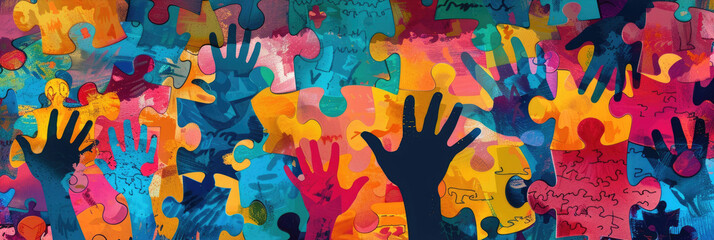horizontal banner, Autistic Pride Day, World Autism Awareness, hands up, silhouettes of hands on the background of a multi-colored puzzle wall, rainbow background of puzzle parts