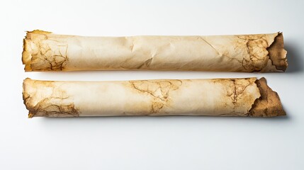 A blank, ancient-looking scroll on a white background. Vintage banner template.  a pirate treasure map, or a medieval mystery story template. 