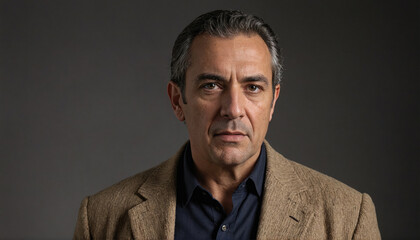 Obraz premium A man with grey hair and a brown jacket stares intently at the camera during a photoshoot