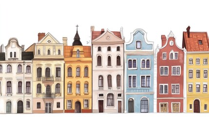Fototapeta premium Building facades illustration and coloring of traditional structures including houses and churches