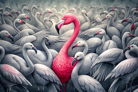 A vibrant pink flamingo stands out among a flock of gray flamingos, symbolizing individuality and uniqueness in a sea of conformity.
