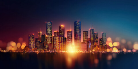 Fototapeta premium vibrant city skyline illuminated at night with glowing lights and reflections