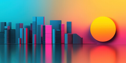 Fototapeta premium Vibrant city skyline with colorful buildings and large sun setting