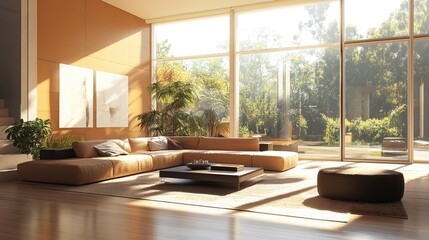 Fototapeta premium 3D rendering of an expansive contemporary living room interior showcasing a bright and luxurious design in a digital mockup