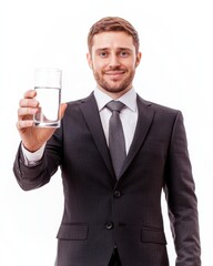 Men health, A man in a suit holds a glass of water, smiling confidently, suggesting professionalism and wellness.