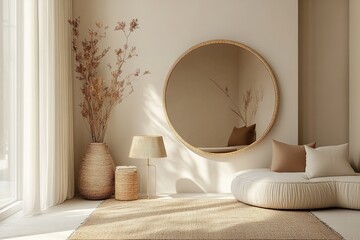 Modern entrance with large mirror and vase, beige tones, sophisticated interior decor