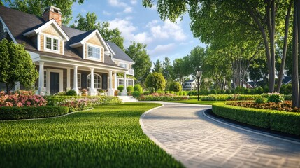 Charming 3D illustration of an attractive house featuring a white entrance lush lawn and a quaint garden set within a pleasant neighborhood