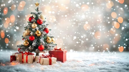 Festive Christmas Tree Decorated with Red and Gold Ornaments Surrounded by Gifts and Soft Snowflakes on a Bokeh Background of Warm Holiday Lights