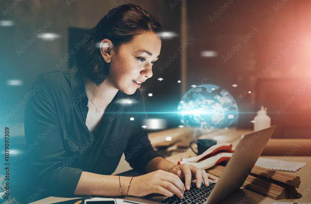 Poster hologram, laptop and business woman at night for global networking, online connection and research. 