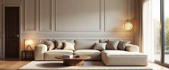 Modern beige sofa with multiple cushions in a classic living room interior featuring wood paneling.Living space renovation. Modern home lifestyle. Furniture retail and home decor. Design for interior