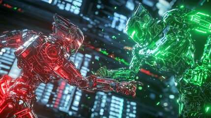 Robotic Stock Market Showdown: Futuristic Trading Arena Battle | Ultra-Detailed 3D Render with Green and Red Robots and Holographic Financial Data
