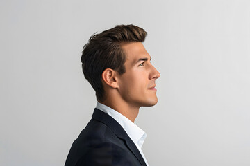 Side profile portrait of confident Caucasian businessman in dark suit on white background