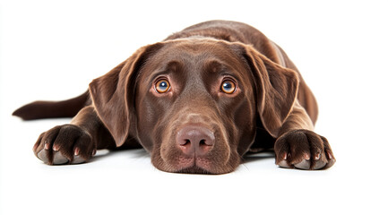 A chocolate labrador retriever lays down on a white background with its paws outstretched. The dog is looking up at the camera with a curious expression on its face