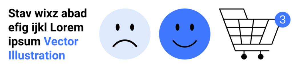 Fototapeta premium Sad face, happy face, shopping cart with notification circle showing three items. Ideal for e-commerce, customer satisfaction, emotions, user interface, digital marketing, notifications, online
