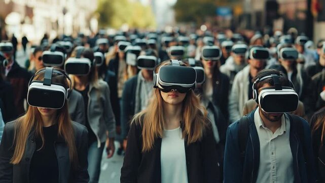 A large group of people wear virtual reality headsets while walking through a bustling urban environment, engaging in a technology event