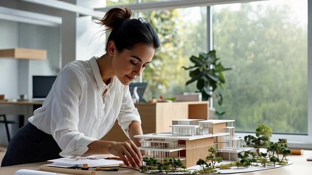 A skilled architect focuses on refining a miniature model of a contemporary structure surrounded by plants in a well-lit design studio