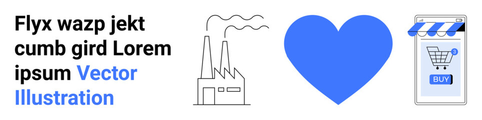 Factory emitting smoke, blue heart shape, and mobile shopping app with cart icon. Ideal for industry, environment, health, love, e-commerce, mobile apps, marketing. Landing page