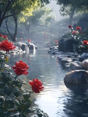 A serene stream flows through a lush forest, dotted with vibrant red roses, creating a peaceful and magical atmosphere.