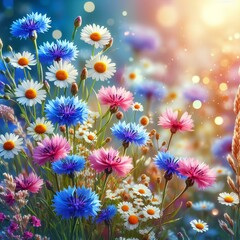 Fototapeta premium Flowers. Glade of cornflowers and daisies. Summer flowers.