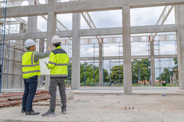 Two Asian engineer working at site of a large building project,Work overtime at construction site,Team of engineer discus at site,The architect, supervisor, and foreman meet to discuss the design