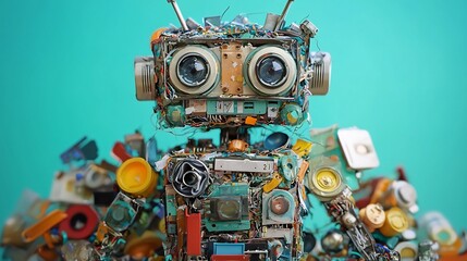 Fototapeta premium Whimsical Robot Sculpture Crafted from Recycled Garbage Showcasing Creativity and Sustainability