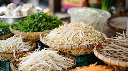 Vibrant Asian Marketplace with Fresh Produce and Handmade Noodle Dishes on Display at Local Vendor Stalls Showcasing the Diversity and Richness of Traditional Culinary Offerings