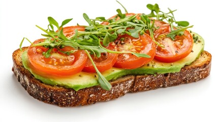 avocado toast with sliced tomatoes, microgreens on top, trendy presentation, isolated on white background 