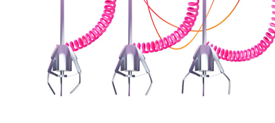 Gripper arm, slot machine elevator machine for getting toys, gifts and prizes. Mechanical gripper tentacles. In realistic 3D style. Vector illustration