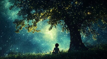 Fototapeta premium Enchanted Forest Silhouette Child and Glowing Tree Absorbing Starlight