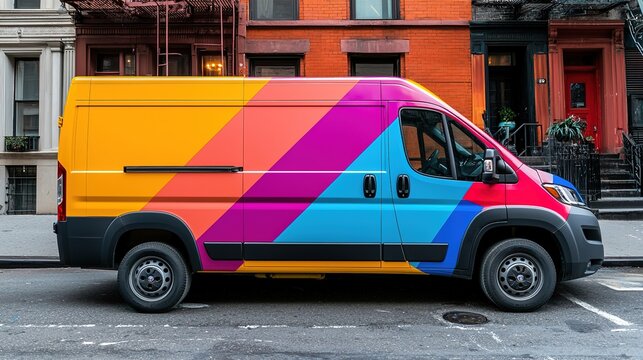 Mockup of vibrant vehicle wrap design on a delivery van, highlighting branding on a city street