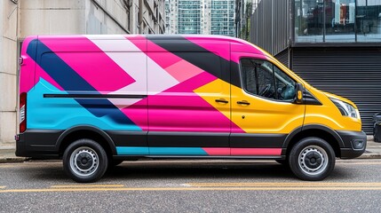 Mockup of vibrant vehicle wrap design on a delivery van, highlighting branding on a city street