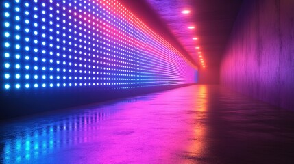 Neon Lights Illuminate a Concrete Tunnel with Reflective Floor