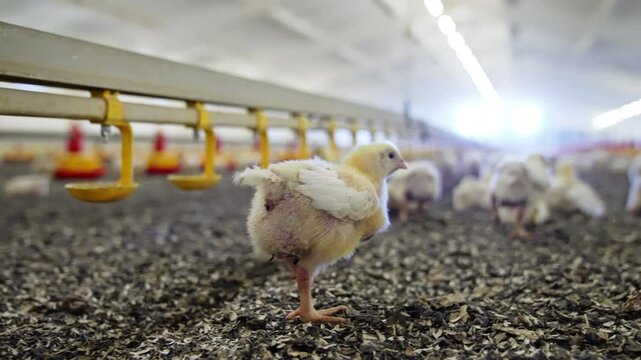 Funny teen age chick walks at the factory. Close up. Low angle view at the poultry factory interior with numerous birds.